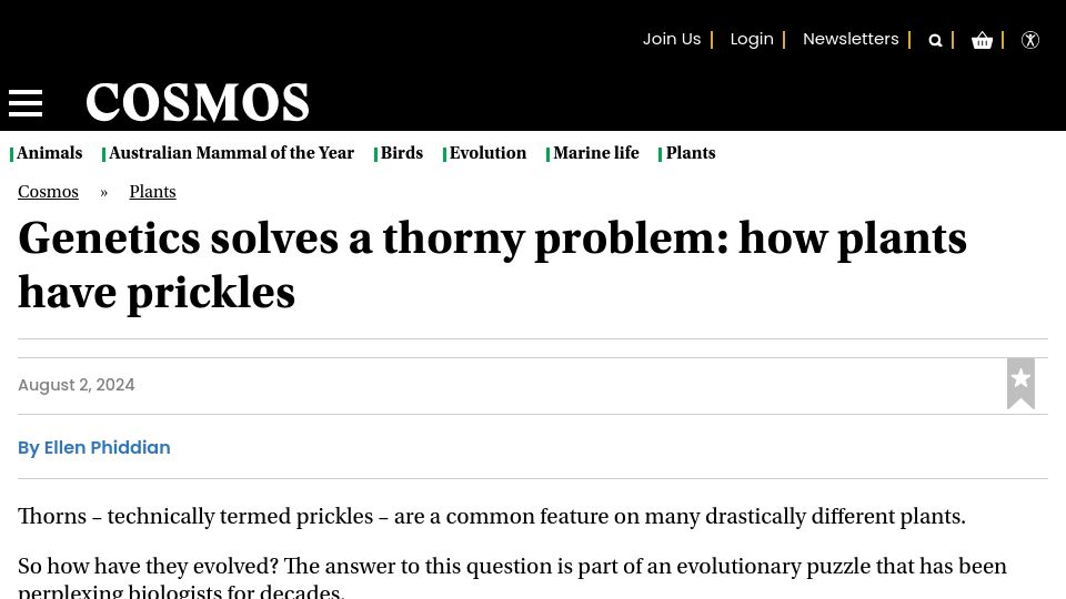 Screenshot of cosmosmagazine.com: Genetics solves a thorny problem: how plants have prickles