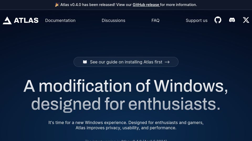 Screenshot of atlasos.net: Atlas: A Windows modification to optimize performance, privacy and usability