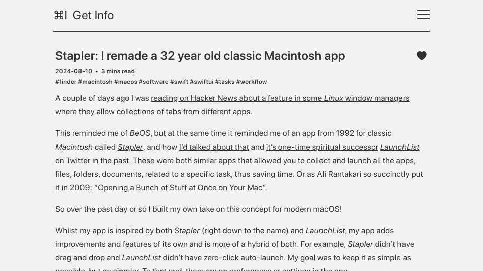 Screenshot of blog.gingerbeardman.com: Stapler: I remade a 32 year old classic Macintosh app