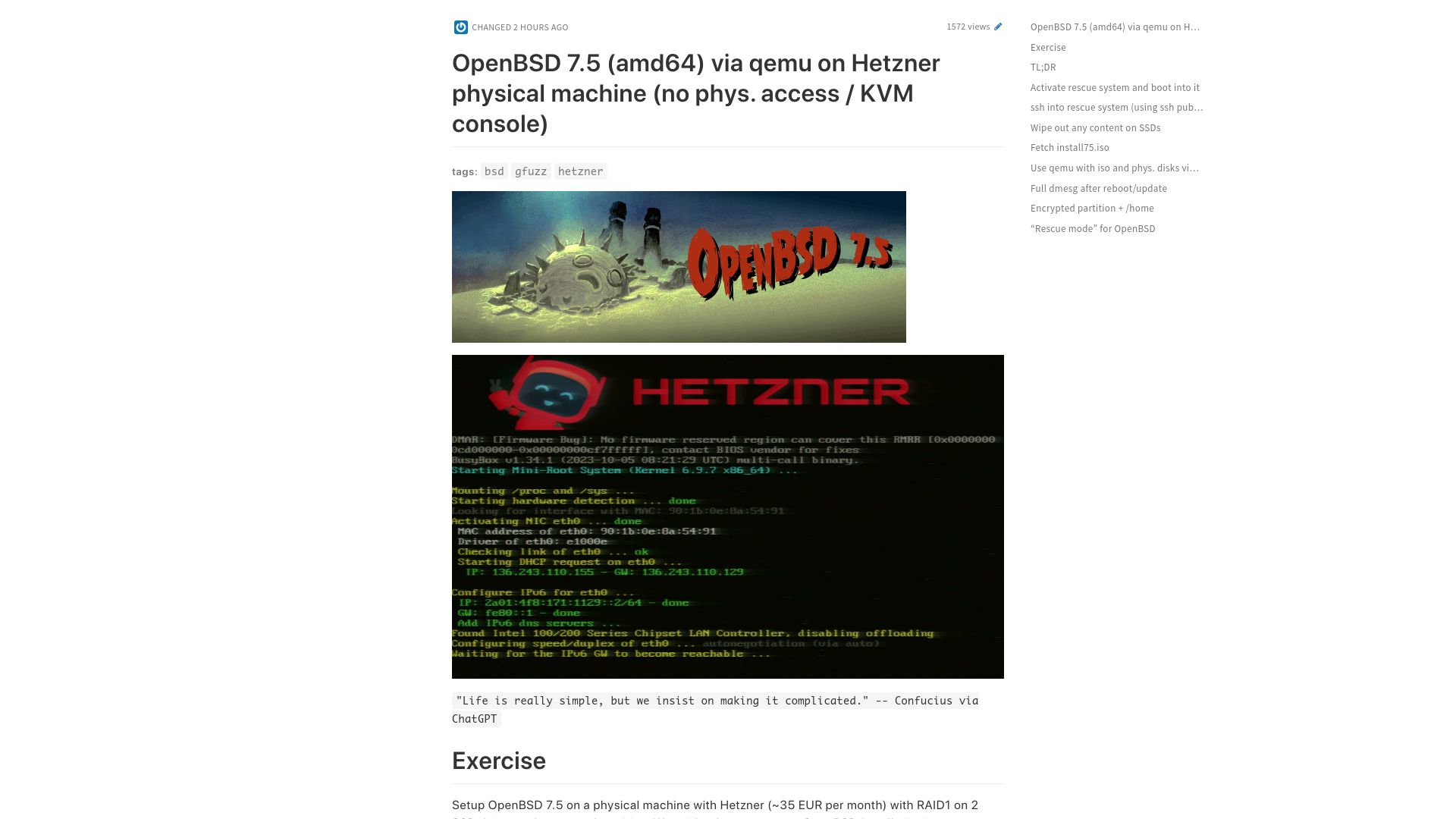 Screenshot of hackmd.gfuzz.de: OpenBSD 7.5 via QEMU on Hetzner physical machine (no phys. access / KVM console)