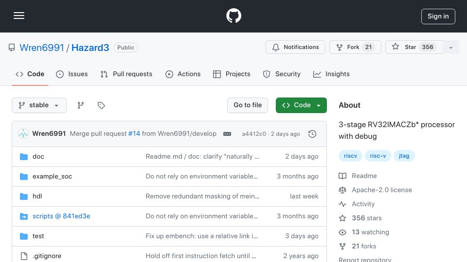 Screenshot of github.com: Hazard3: 3-stage RV32IMACZb* processor with debug
