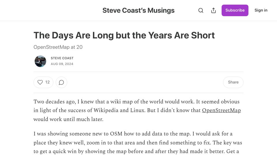 Screenshot of stevecoast.substack.com: OpenStreetMap Is Turning 20