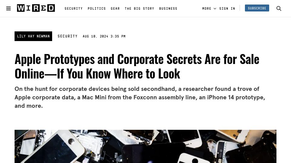 Screenshot of wired.com: Apple Prototypes and Corporate Secrets Are for Sale Online–If You Know Where