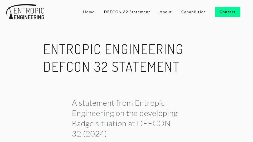 Screenshot of entropicengineering.com: Entropic Engineering DEFCON 32 Statement