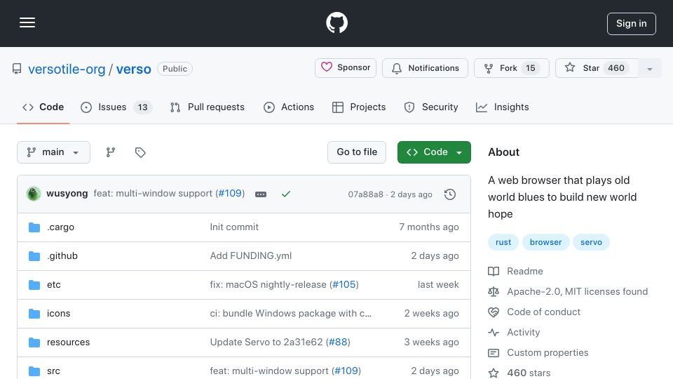 Screenshot of github.com: Verso – Web browser built on top of the Servo web engine