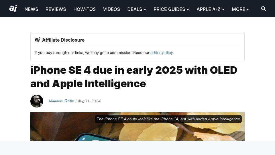 Screenshot of appleinsider.com: iPhone SE 4 due in early 2025 with OLED and Apple Intelligence