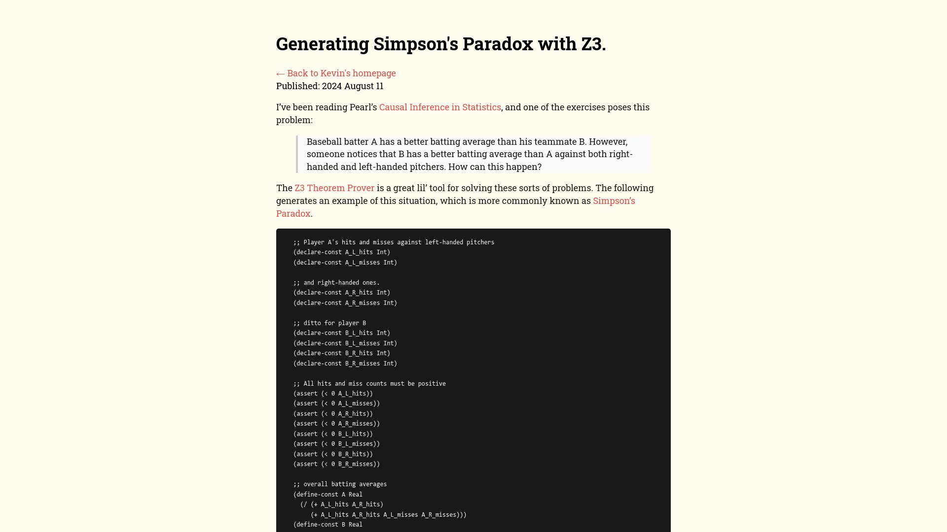 Screenshot of kevinlynagh.com: Generating Simpson's Paradox with Z3