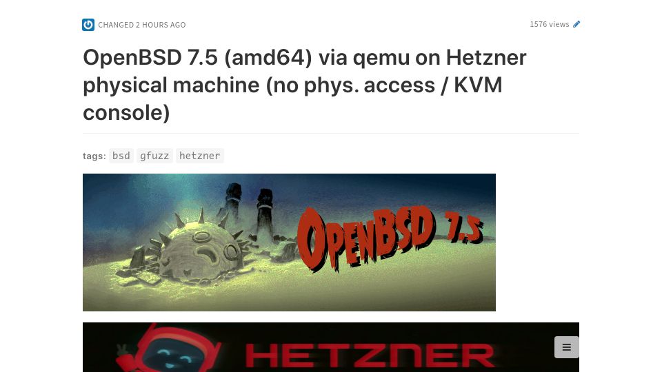 Screenshot of hackmd.gfuzz.de: OpenBSD 7.5 via QEMU on Hetzner physical machine (no phys. access / KVM console)