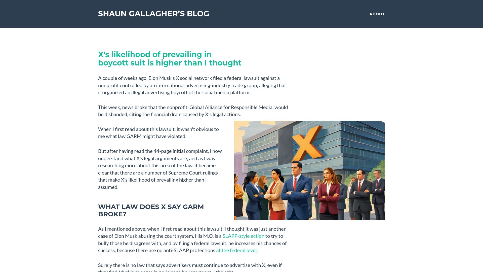 Screenshot of shaungallagher.pressbin.com: X's likelihood of prevailing in boycott suit is higher than I thought