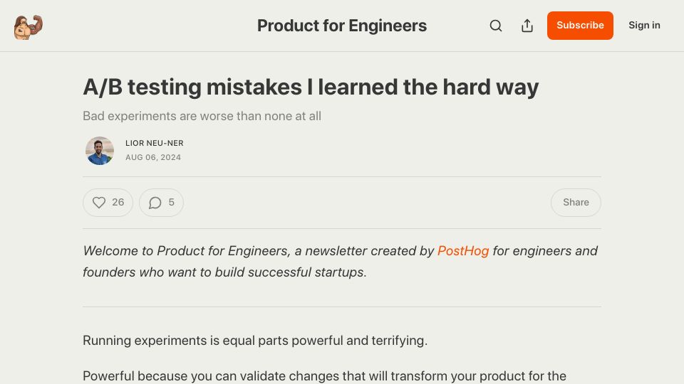 Screenshot of newsletter.posthog.com: A/B testing mistakes I learned the hard way