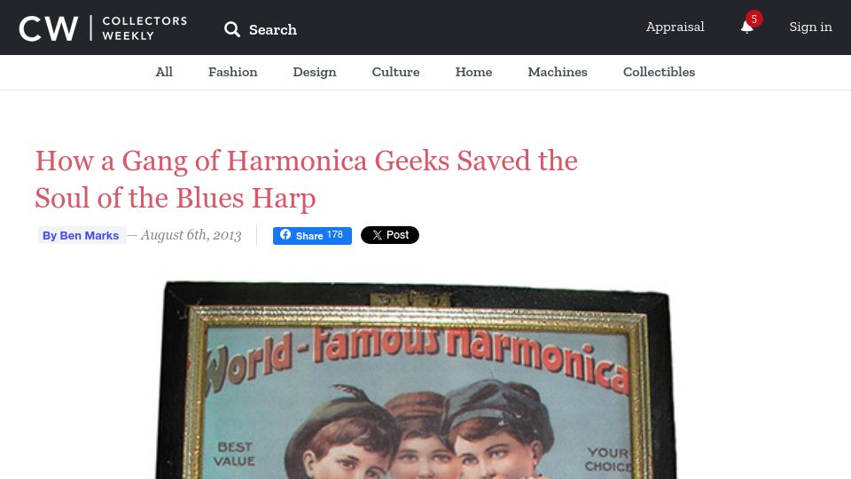 Screenshot of collectorsweekly.com: A gang of harmonica geeks saved the soul of the blues harp (2013)
