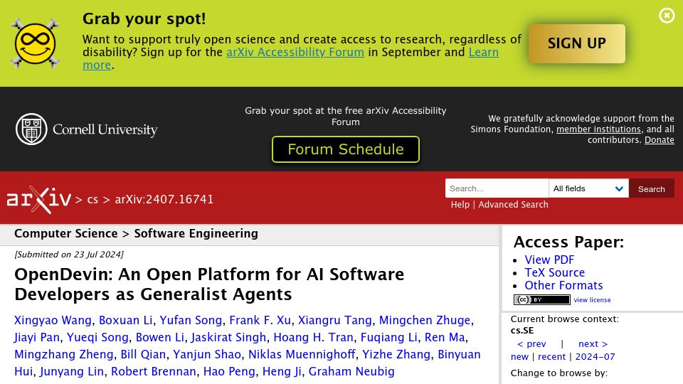 Screenshot of arxiv.org: OpenDevin: An Open Platform for AI Software Developers as Generalist Agents