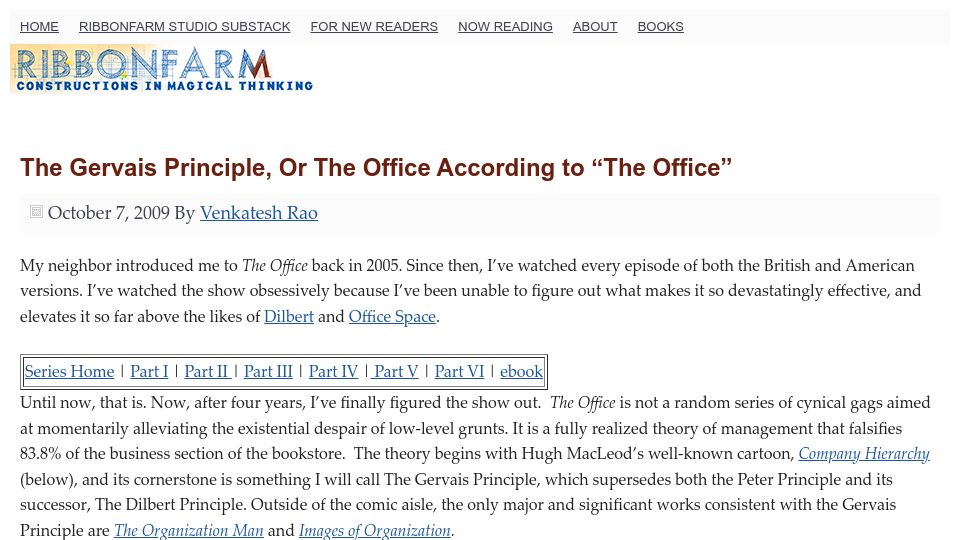 Screenshot of ribbonfarm.com: The Gervais Principle, or the Office According to “The Office” (2009)