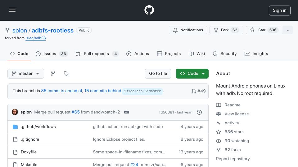Screenshot of github.com: Adbfs-rootless – Mount Android phones on Linux with adb. No root required
