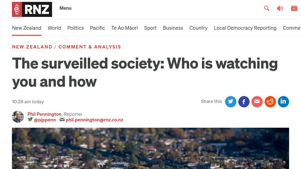 Screenshot of rnz.co.nz: The surveilled society: Who is watching you and how