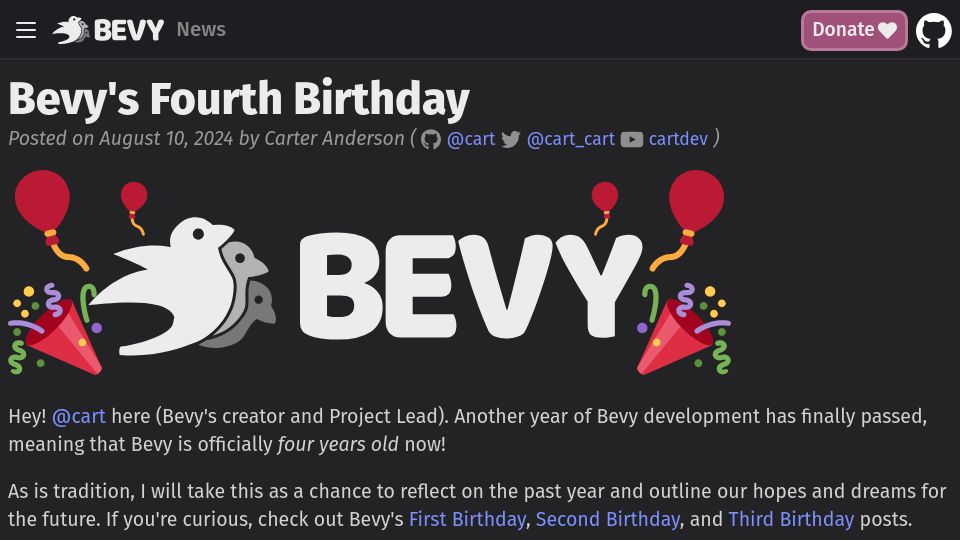 Screenshot of bevyengine.org: Bevy's Game Engine Fourth Birthday
