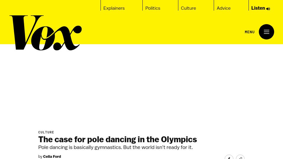 Screenshot of vox.com: The case for pole dancing in the Olympics