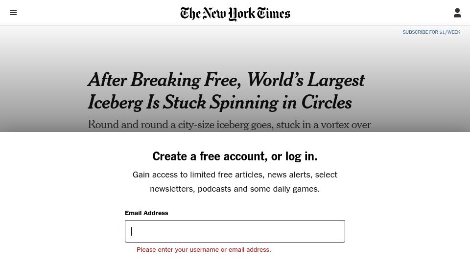 Screenshot of nytimes.com: After Breaking Free, Largest Iceberg Is Stuck Spinning in Circles