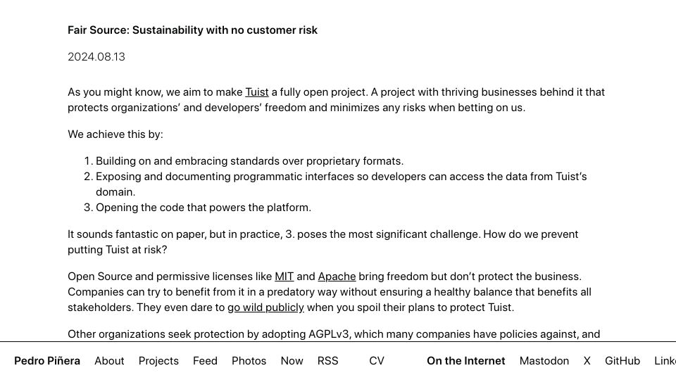 Screenshot of pepicrft.me: Fair Source: Sustainability with no customer risk