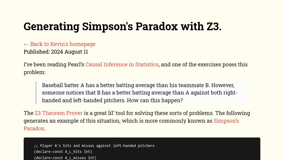 Screenshot of kevinlynagh.com: Generating Simpson's Paradox with Z3