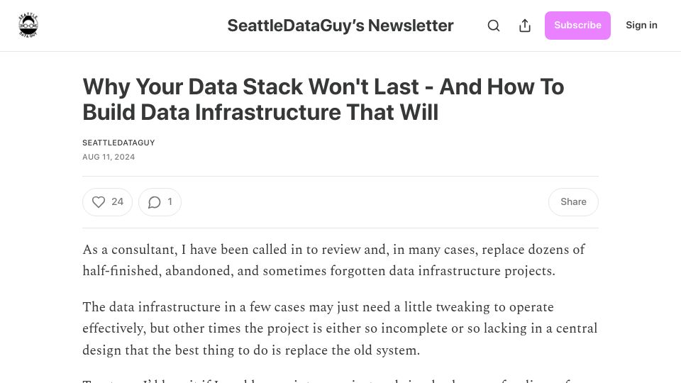 Screenshot of seattledataguy.substack.com: Building data infrastructure that will last