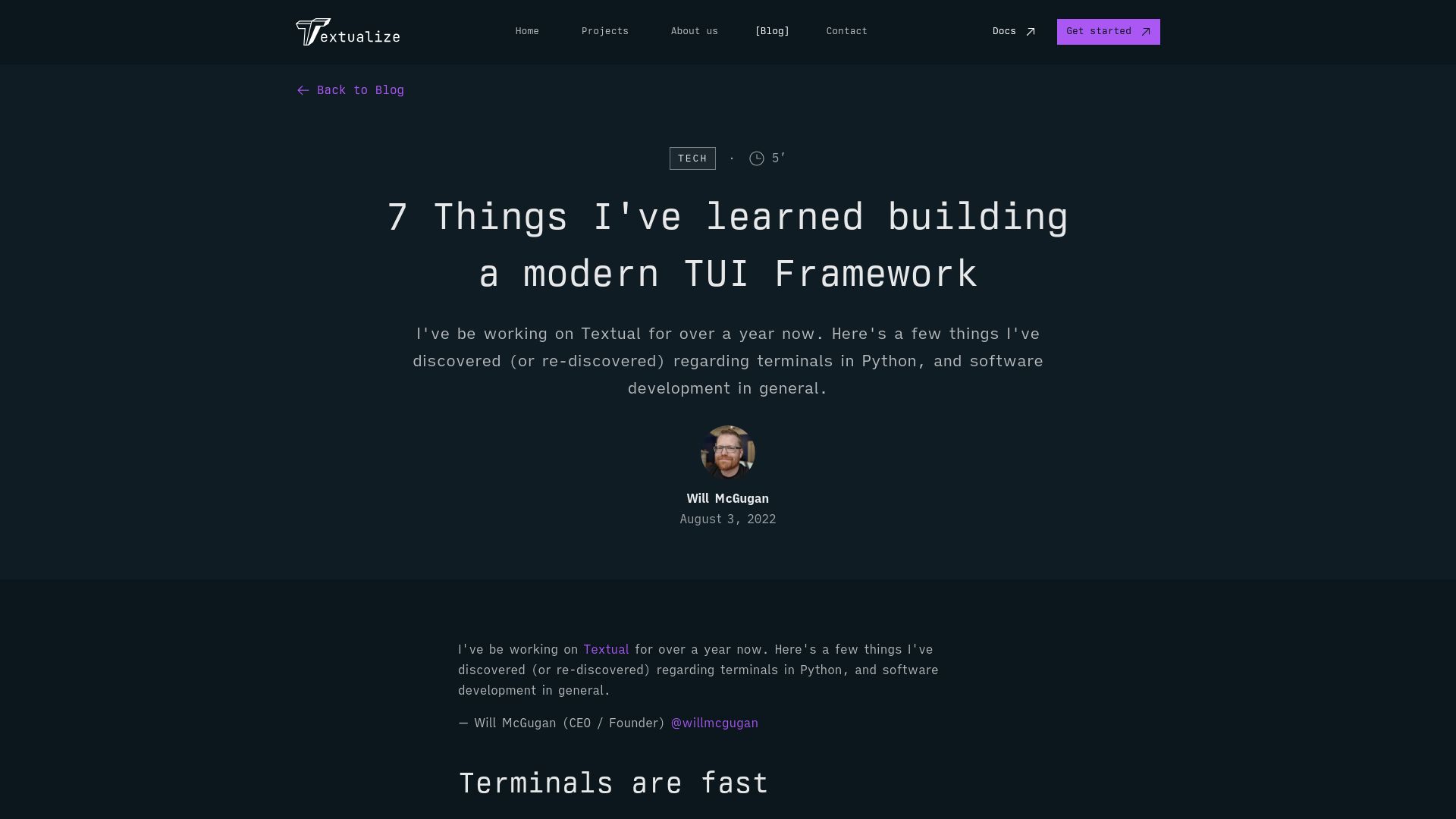 Screenshot of textualize.io: Things I've learned building a modern TUI Framework (2022)
