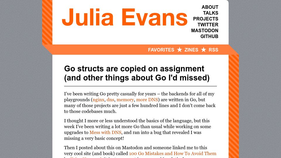 Screenshot of jvns.ca: Go structs are copied on assignment (and other things about Go I'd missed)