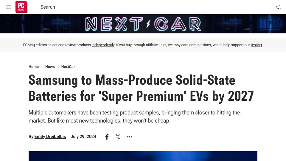 Screenshot of pcmag.com: Samsung to Mass-Produce Solid-State Batteries for 'Super Premium' EVs