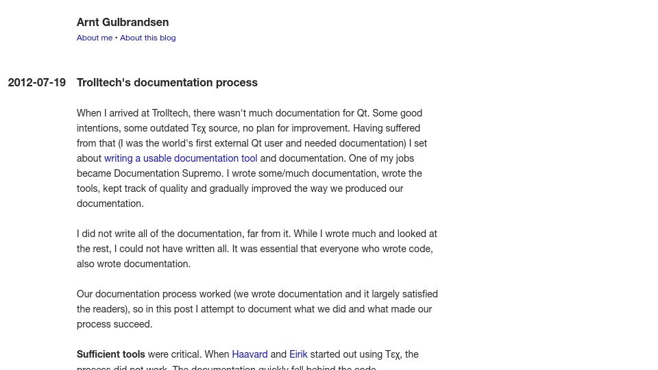 Screenshot of rant.gulbrandsen.priv.no: Trolltech's Documentation Process
