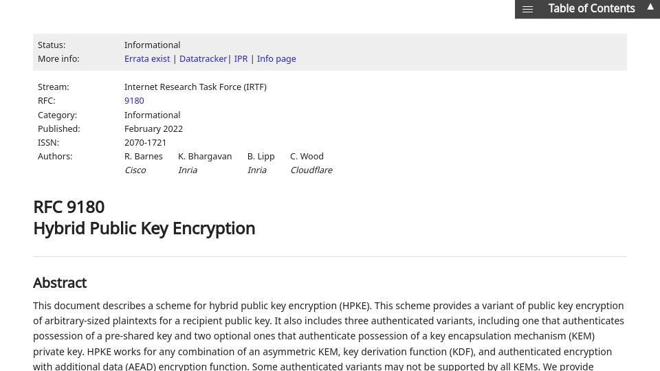 Screenshot of rfc-editor.org: RFC 9180: Hybrid Public Key Encryption (2022)