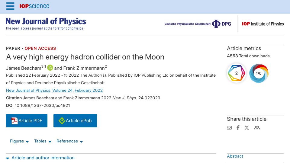 Screenshot of iopscience.iop.org: A high energy hadron collider on the Moon