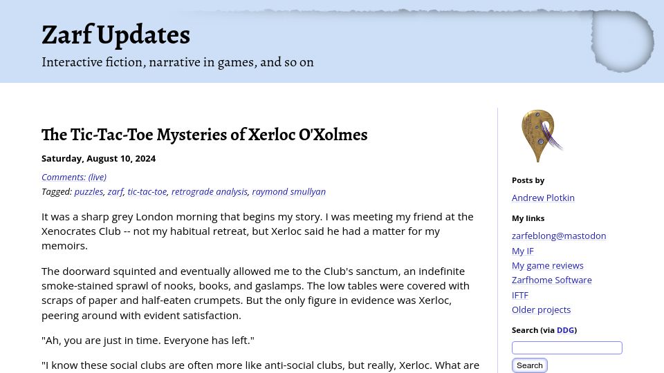 Screenshot of blog.zarfhome.com: The Tic-Tac-Toe Mysteries of Xerloc O'Xolmes