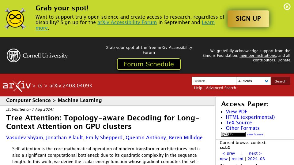 Screenshot of arxiv.org: Tree Attention: Topology-Aware Decoding for Long-Context