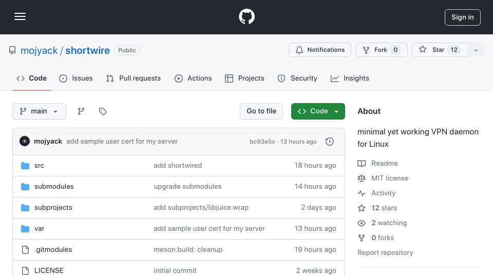 Screenshot of github.com: Shortwire: The smallest VPN that connects two computers via the Internet