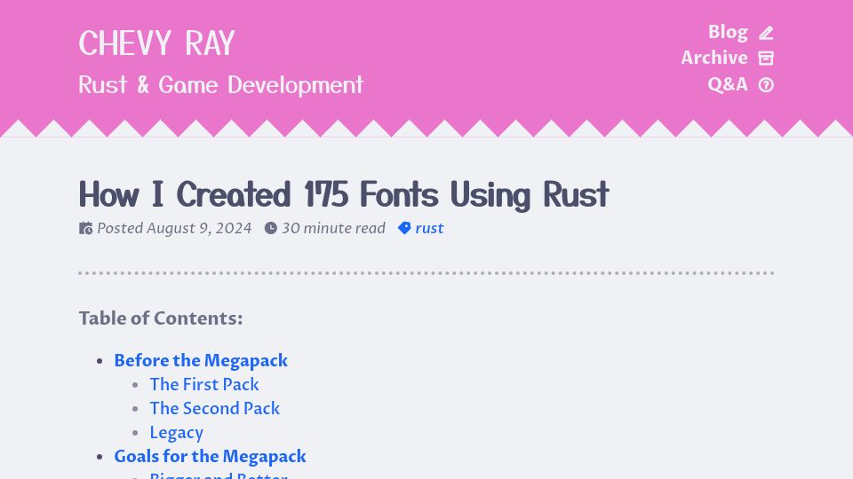 Screenshot of chevyray.dev: I Created 175 Fonts Using Rust