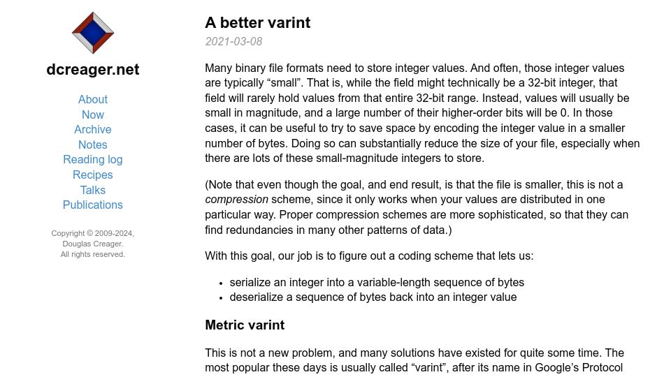 Screenshot of dcreager.net: Another variable-length integer encoding (2021)