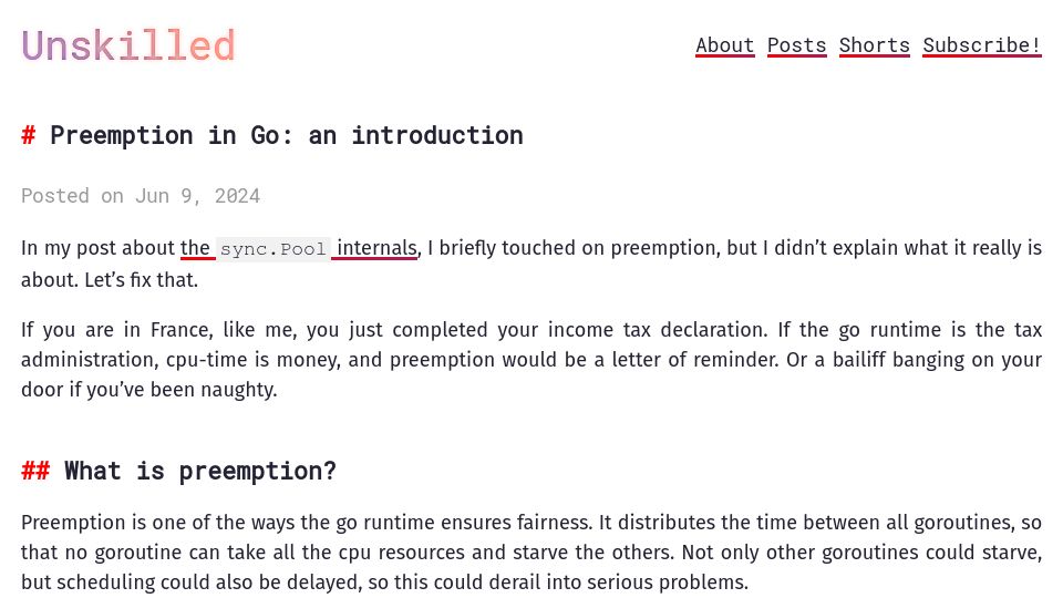 Screenshot of unskilled.blog: Introduction to Golang Preemption Mechanisms