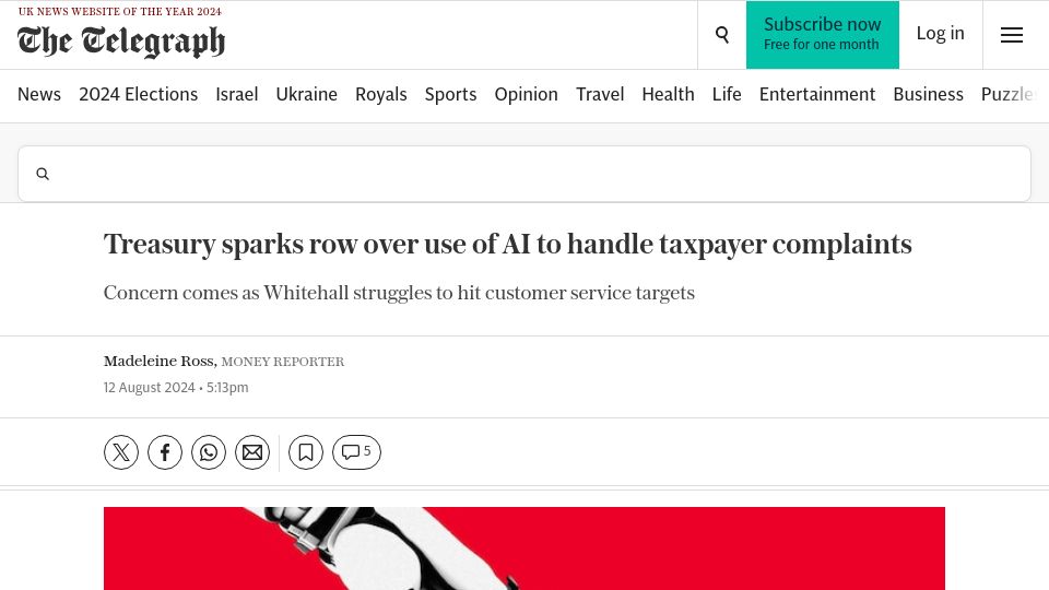 Screenshot of telegraph.co.uk: Britain to use "AI" to answer taxpayer's letters