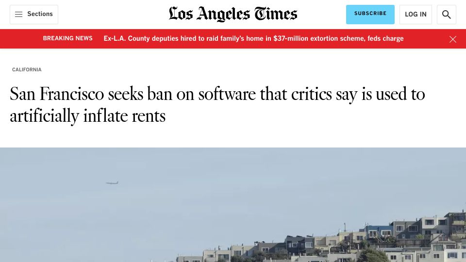 Screenshot of latimes.com: San Francisco seeks ban of software critics say is used to inflate rents