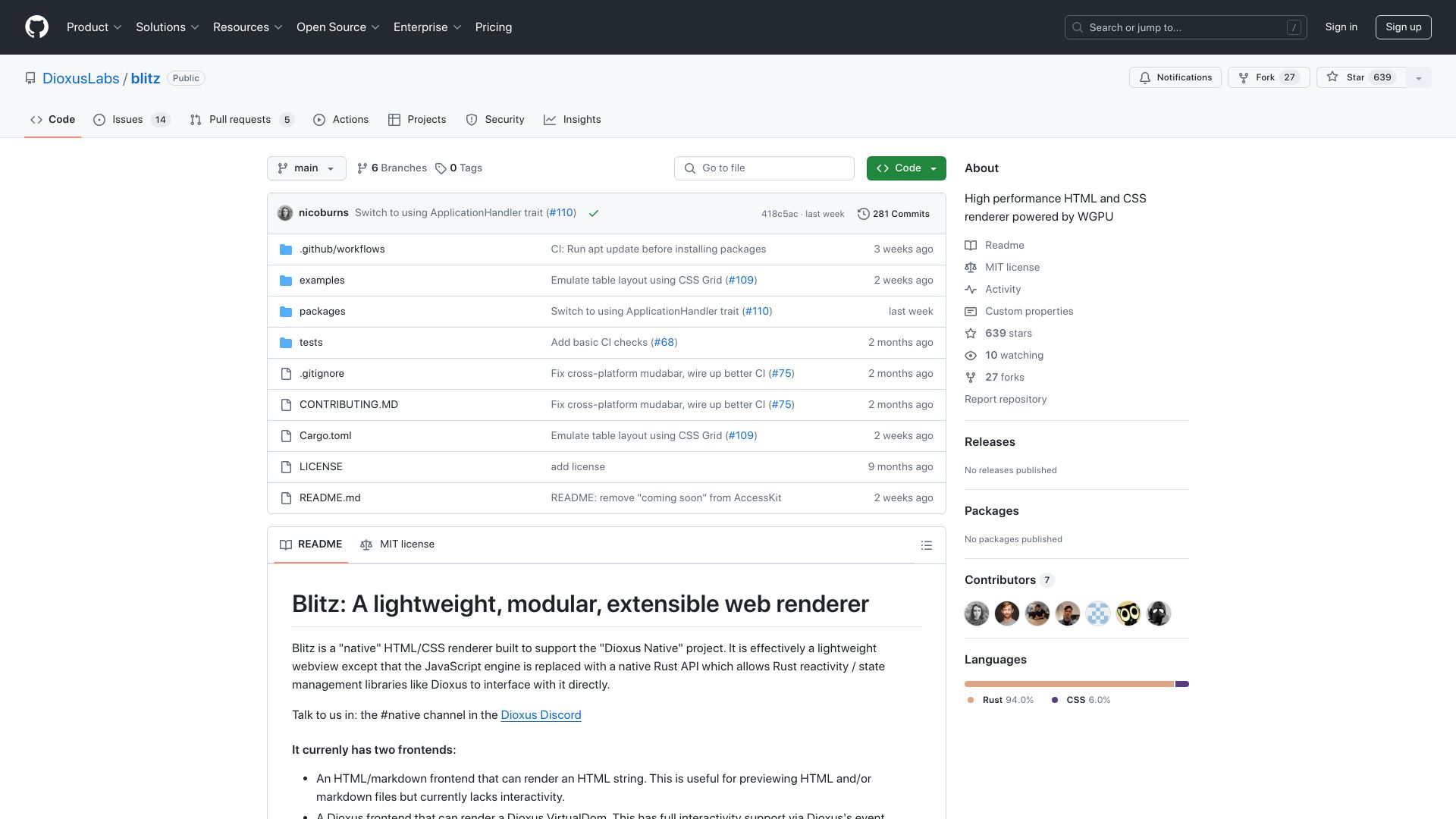 Screenshot of github.com: Blitz: A lightweight, modular, extensible web renderer