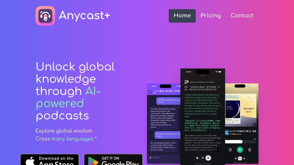 Screenshot of anycast.website: Show HN: Anycast+ – An AI-powered podcast app