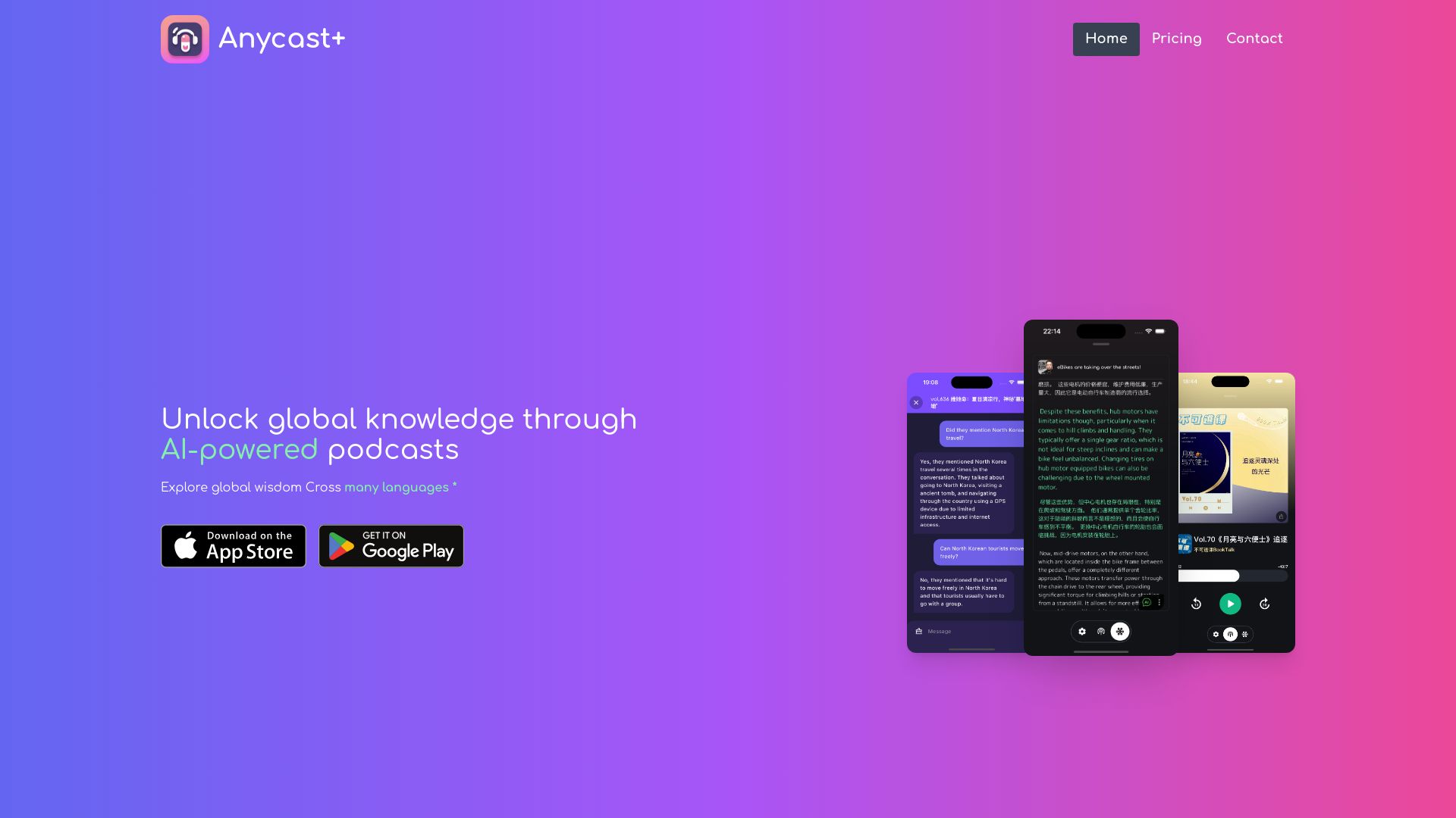 Screenshot of anycast.website: Show HN: Anycast+ – An AI-powered podcast app
