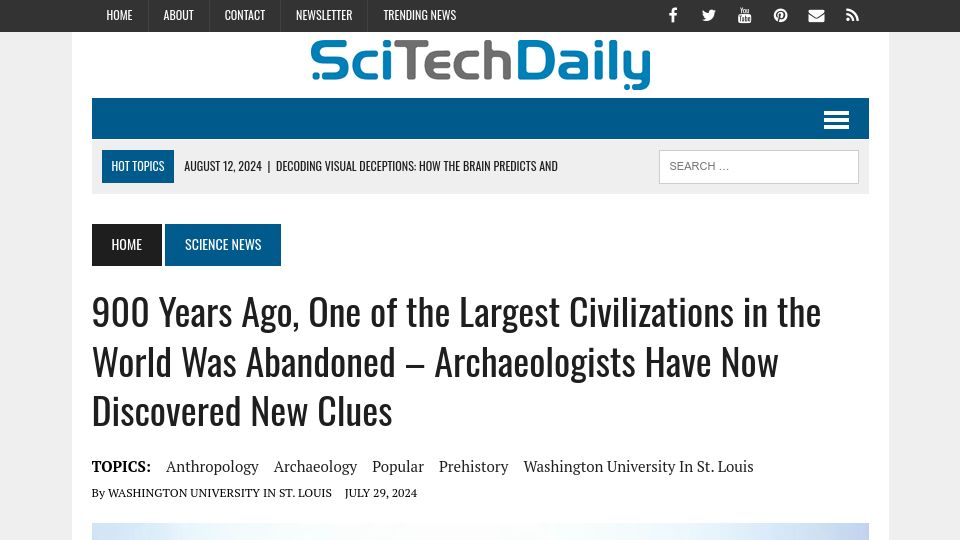 Screenshot of scitechdaily.com: New research on why Cahokia Mounds civilization left