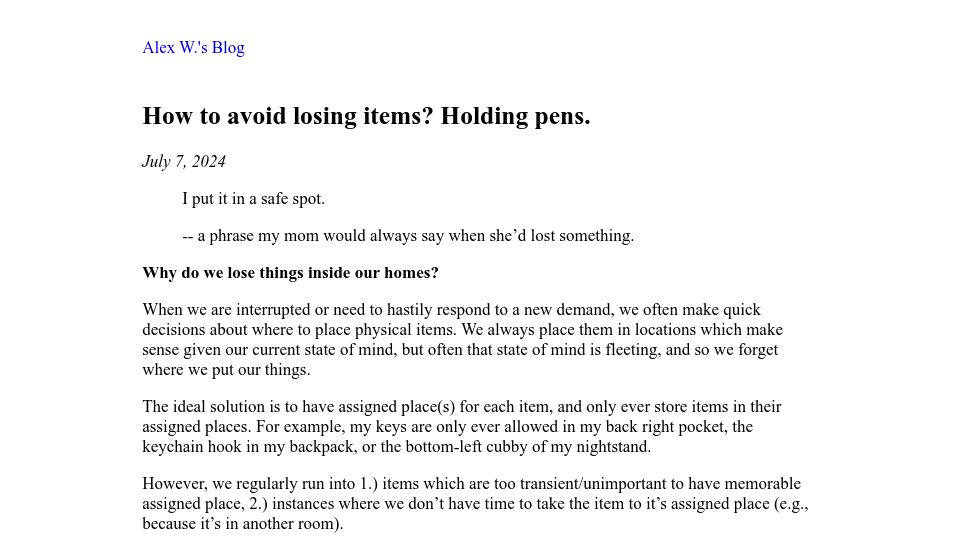 Screenshot of blog.alexwendland.com: How to avoid losing items? Holding pens