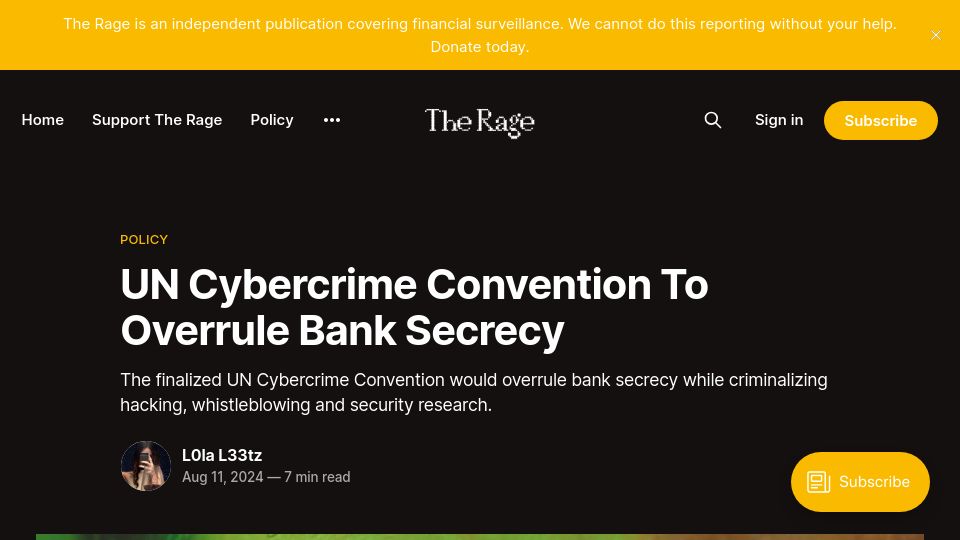 Screenshot of therage.co: UN Cybercrime Convention to Overrule Bank Secrecy