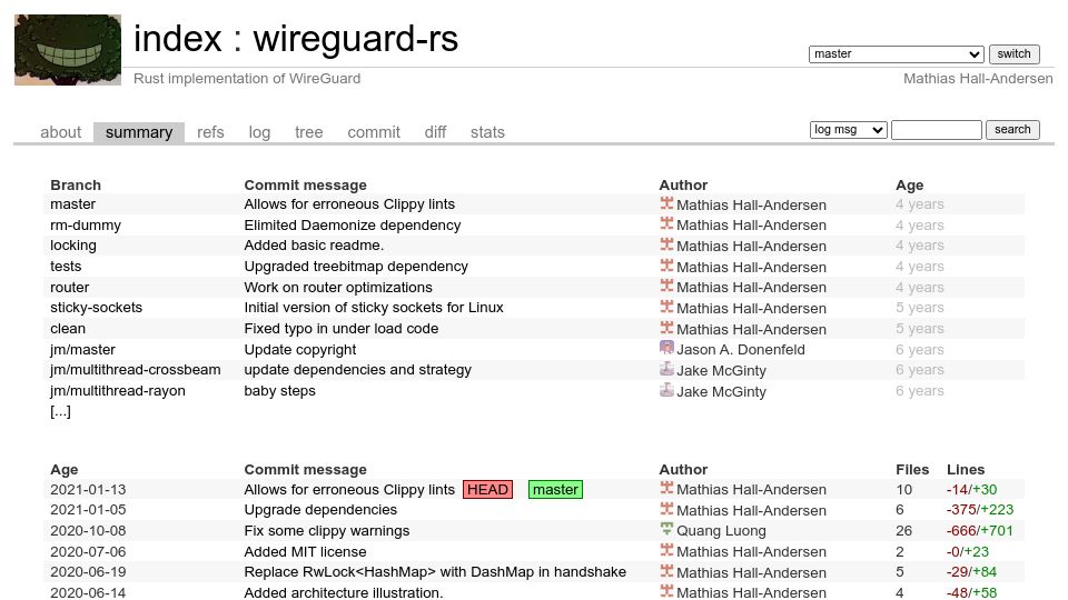 Screenshot of git.zx2c4.com: WireGuard-rs – Official Rust implementation of WireGuard