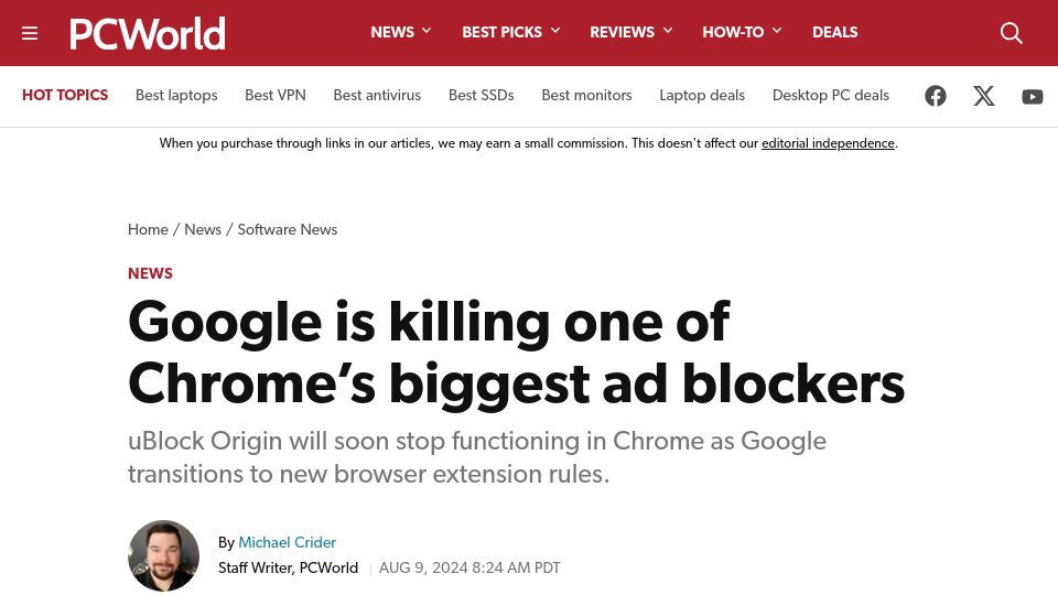 Screenshot of pcworld.com: Google is killing one of Chrome's biggest ad blockers