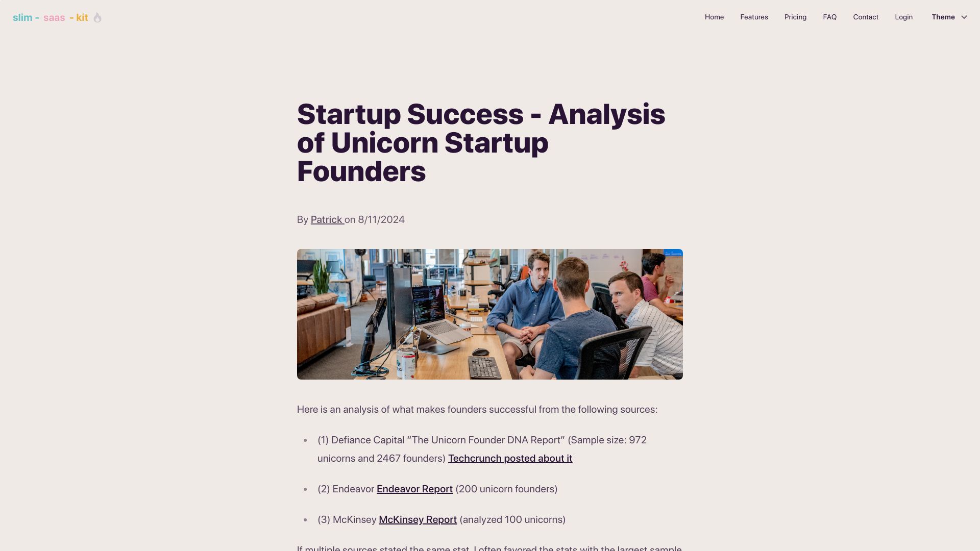 Screenshot of slimsaas.com: Analysis of unicorn startup founders