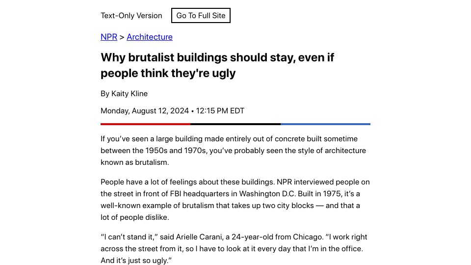 Screenshot of text.npr.org: Why brutalist buildings should stay, even if people think they're ugly