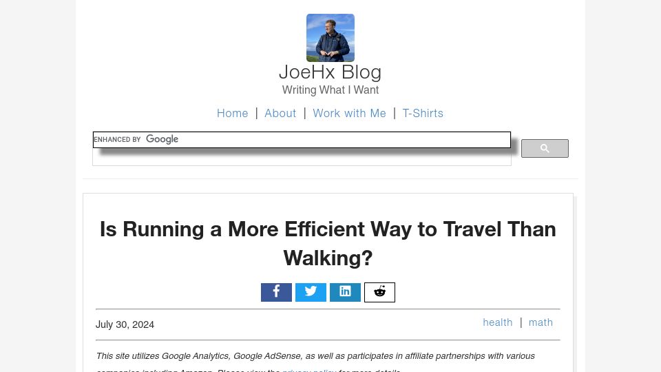 Screenshot of joehxblog.com: Is running a more efficient way to travel than walking?